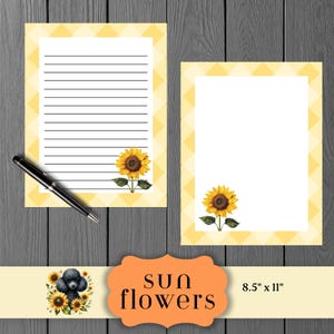 Sunflower Stationery, Gingham Edge Stationery Set, Pen Pal Letter Writing, Botanical Printable Instant Download