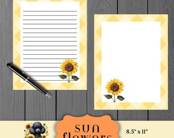 Conjunto de Papelaria com Estampa de Girassóis e Borda Xadrez, Ideal para Correspondência, Arquivo para Download Instantâneo com Tema Botânico