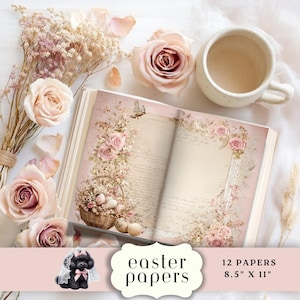 May include: Open book with floral and Easter-themed illustrations. The pages are decorated with pink roses, a basket of eggs, and a bird. The text "Easter Papers" is displayed on a decorative label. The paper size is 8.5" x 11".
