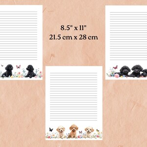 Set of 18 pages, 6 blank, 12 lined, featuring cute playful dogs and puppies. Poodles, Chocolate Labs, Golden Retrievers, and other cuties.