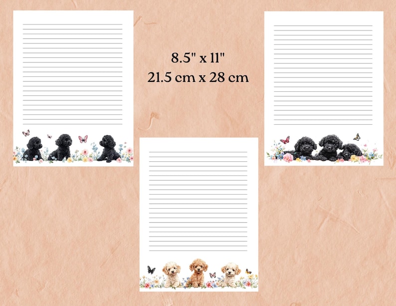 Set of 18 pages, 6 blank, 12 lined, featuring cute playful dogs and puppies. Poodles, Chocolate Labs, Golden Retrievers, and other cuties.