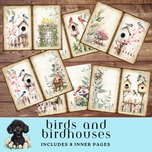 Oiseaux et nichoirs shabby chic, pages intérieures de journal indésirable, pages pliables, téléchargements de journal indésirable, papiers numériques, kit de journal Cottagecore