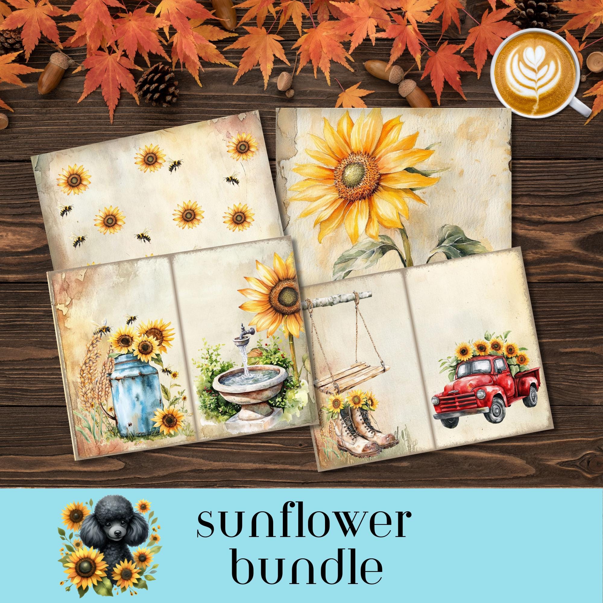 Rustic Sunflower Farm Ephemera, Red Truck, Vintage Wheelbarrow, Bees and Milk Can, Junk Journal Pages and Tags, Printable Fall Paper Kit