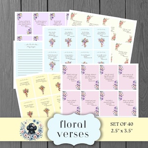 Puede incluir: Un conjunto de 40 tarjetas de versos florales, con versículos bíblicos y diseños florales en colores pastel. Cada tarjeta mide 6,35 cm por 8,89 cm. Las palabras "floral verses" se muestran en una pancarta azul claro.