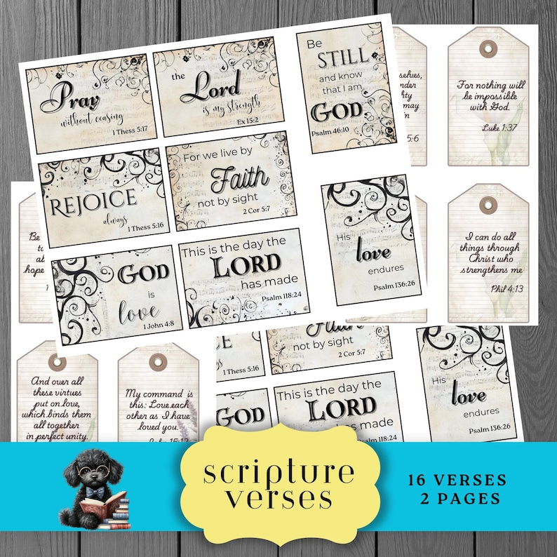 Set of 16 tags with different Bible verses. They each feature a different feature and elements.