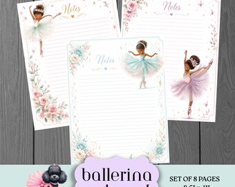 African American Ballerina Notepad, Pink Tutus Tiaras Stationery Set (Digital Download)