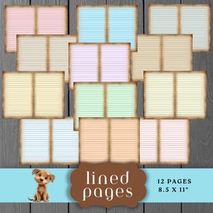 May include: A collection of lined pages in various pastel colors, including pink, blue, and yellow, with a vintage, aged paper effect. The text "lined pages" is displayed in a brown banner, along with "12 pages 8.5 x 11". A small dog illustration is also present.