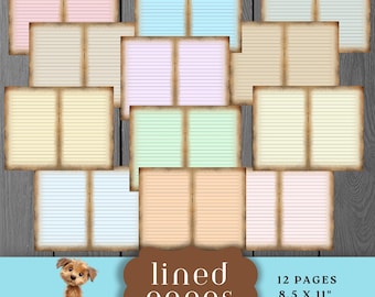 May include: A collection of lined pages in various pastel colors, including pink, blue, and yellow, with a vintage, aged paper effect. The text "lined pages" is displayed in a brown banner, along with "12 pages 8.5 x 11". A small dog illustration is also present.