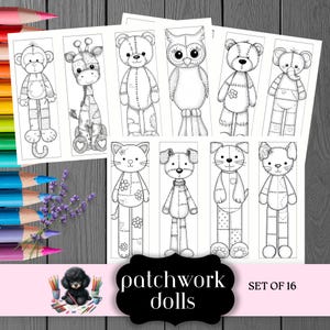 May include: Set of 16 black and white patchwork doll bookmarks featuring various animals, including a monkey, giraffe, teddy bear, owl, elephant, cat, dog, and more. The words "patchwork dolls" are displayed on a black oval.