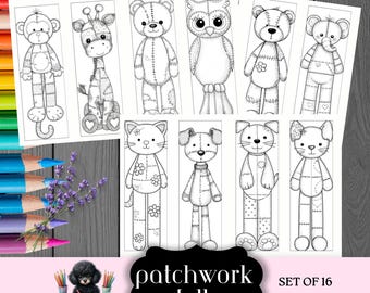Patchwork Doll Coloring Bookmarks Printable, Animal DIY Color Your Own, Set of 16, PDF