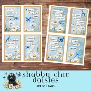 Cartes Daisy Shabby Chic, 8 cartes numériques avec des oiseaux bleus, des papillons et des citations édifiantes, téléchargement, inspirant journal indésirable éphémère