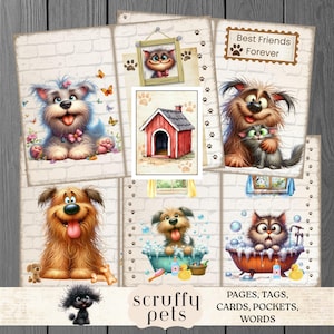 Peut inclure: Une collection de feuilles de scrapbooking numériques avec des illustrations de chiens et de chats, incluant une niche rouge, un chat dans une baignoire et un chien avec un chat. Le texte indique Best Friends Forever et scruffy pets.