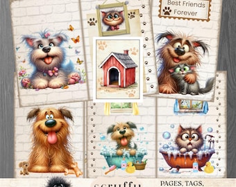 May include: A collection of digital scrapbooking sheets featuring cartoon illustrations of dogs and cats, including a red doghouse, a cat in a bathtub, and a dog with a cat. The text reads Best Friends Forever and scruffy pets.