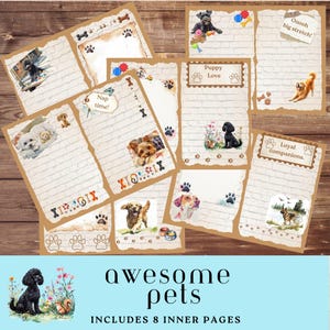 Pagine di cani carini, otto inserti per diario per animali domestici, pagine interne del diario spazzatura, pagine pieghevoli, kit diario per amici pelosi, tema razza canina, 11" x 8,5"
