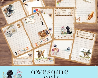 Cute Dogs Pages, Eight Pet Journal Inserts, Junk Journal Inner Pages, Foldable Pages, Furry Friends Journal Kit, Dog Breed Theme, 11&quot; x 8.5&quot;