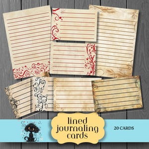Peut inclure: Un ensemble de cartes de journal lignées de style vintage. Les cartes présentent un fond crème avec des volutes décoratives rouges ou noires et des lignes pour l'écriture. L'image comprend une variété de tailles et de formes de cartes, avec le texte "lined journaling cards" et "20 CARDS".