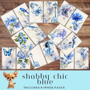 Pages de journal indésirable sur le thème bleu shabby chic, papillons, papillons de nuit et la lune, oiseaux et fleurs bleues, pages pliables, téléchargements numériques