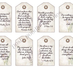 Set of 16 tags with different Bible verses. They each feature a different feature and elements.