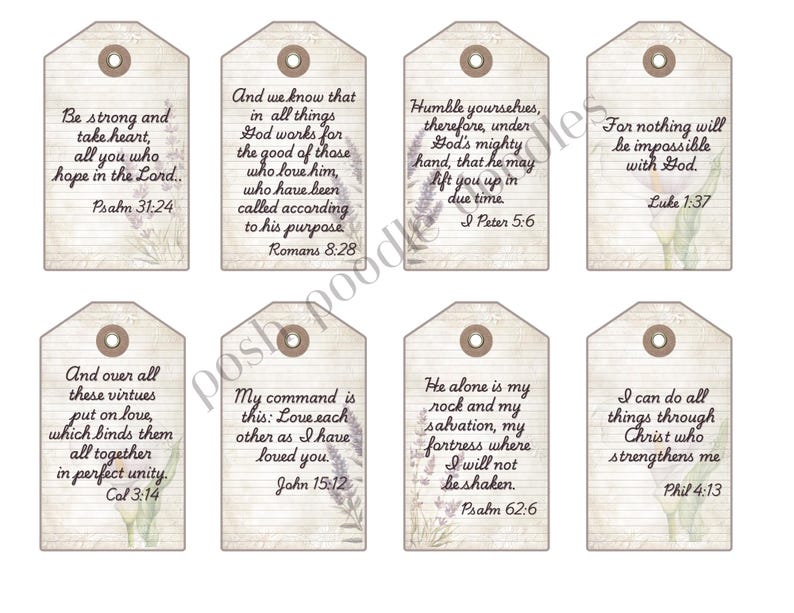 Set of 16 tags with different Bible verses. They each feature a different feature and elements.