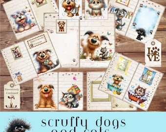 Scruffy Dog and Cat Junk Journal Pages, Funny Pet Printables, Words, Cards, Tags, Junk Journal Inner Pages, Furry Friends Collage Sheets