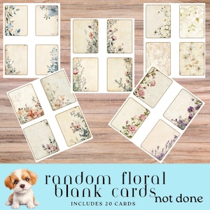 Conjunto de cartões de flores aleatórias, cartões florais em branco, botânicos, inspirados no vintage, artesanato em papel, pacote de itens efêmeros para download digital, cartões com tema de natureza