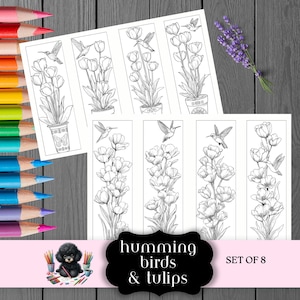 Kolibris und Tulpen Lesezeichen, Ostermalen Sie Ihre eigenen Bleistift-Designs, Blumentöpfe, PDF