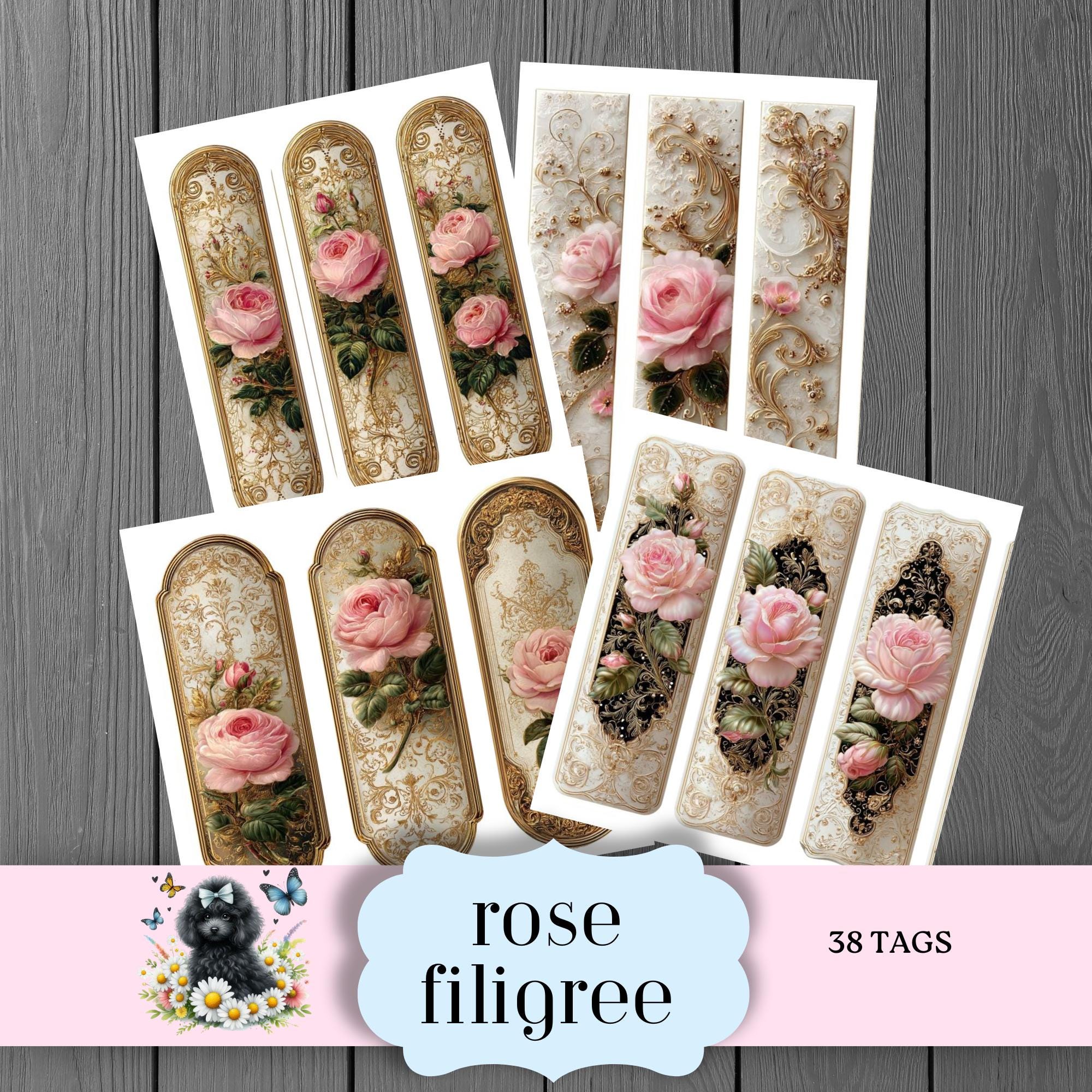 Pink Roses With Tag Shabby Chic Pink Rose Tags, Gold Filigree Ephemera, Vintage Floral Junk ...