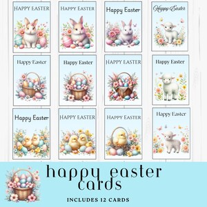 Conjunto de cartões digitais de Páscoa, fundo azul pastel, coelhos, pintinhos, ovos, cordeiros, imprimíveis para scrapbooking e diário, conjunto de 12