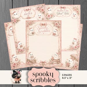 Può includere: Cinque fogli di carta da lettere a righe con bordi floreali rosa, fiocchi e illustrazioni di piccoli fantasmi bianchi. Le pagine includono i testi notes, Shabby Chic Ghost Notes e Spooky Scribbles, misurando 21,59 cm per 27,94 cm.