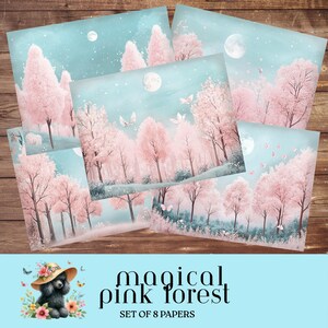 Carta Foresta Rosa Magica, Pagine Elementi Celesti, Alberi Rosa Incantati, Effimere Fantasy, Pacchetto Junk Journal, Pagine Stampabili, 11 x 8,5