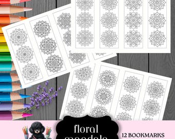 以下が含まれることがあります： 白い紙に黒と白の複雑な花の曼荼羅模様が描かれた、印刷可能な12枚のしおりセット。このコレクションには、繰り返し描かれた円形のパターンで装飾された複数の長方形のストリップが含まれており、色鉛筆と一緒に配置されています。