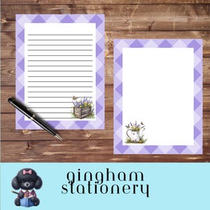 Juego de papelería con borde de cuadros vichy lavanda, para escribir cartas a amigos por correspondencia, dos hojas botánicas imprimibles de descarga instantánea, con flores, 21,5 x 28 cm