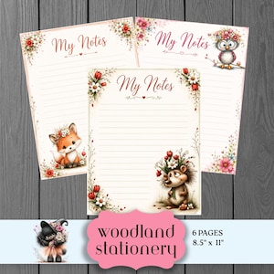 May include: Three sheets of 8.5 inch by 11 inch lined stationery featuring the text My Notes. Each page includes floral borders and illustrations of a fox, an owl, and a hedgehog, all adorned with flower crowns and bouquets.