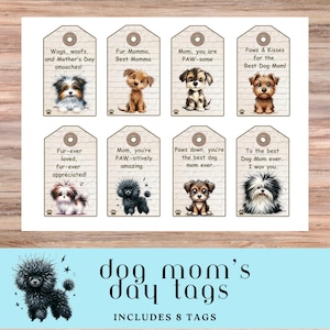 Tags Happy Dog Mom's Day, grillige pup Momma Tags, cadeauverpakking accenten, afdrukbare tags, Happy Mother's Day, bont baby mama