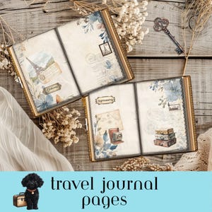 Travel Junk Journal Pages, Vintage Style, Iconic Landmarks, Blue Background, Vacation Memories, Digital Downloads, Paris Themed Elements