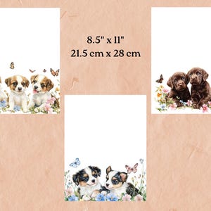 Set of 18 pages, 6 blank, 12 lined, featuring cute playful dogs and puppies. Poodles, Chocolate Labs, Golden Retrievers, and other cuties.