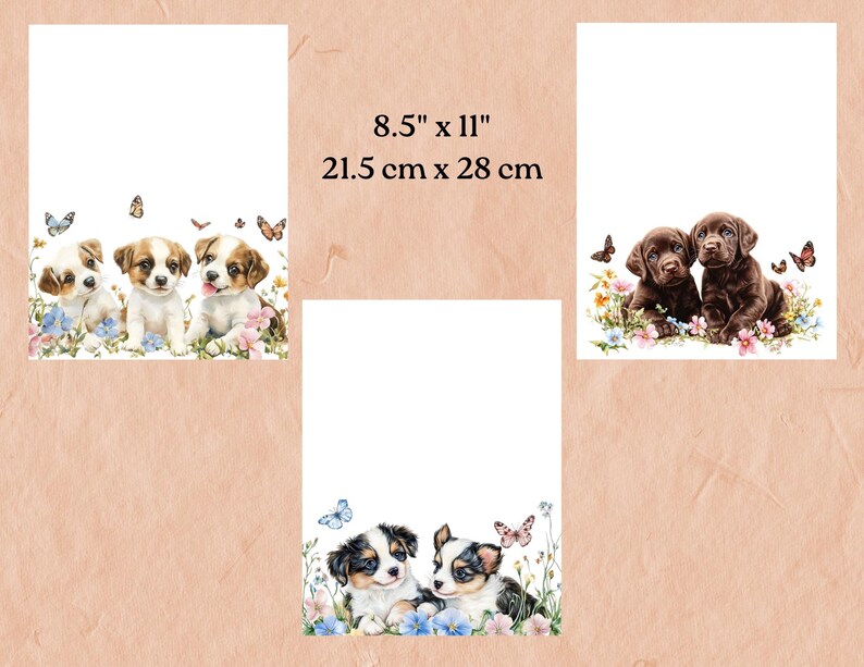Set of 18 pages, 6 blank, 12 lined, featuring cute playful dogs and puppies. Poodles, Chocolate Labs, Golden Retrievers, and other cuties.