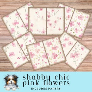 Papel con flores rosas, páginas florales estilo shabby chic, páginas plegables para diarios basura, descargas digitales, elementos temáticos, materiales para diarios basura