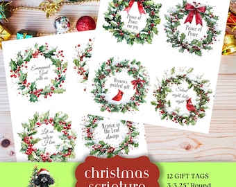 Christmas Scripture Tags Printable, Cardinal Holly Faith-Inspired Holiday Tags with Sayings, Digital Ephemera