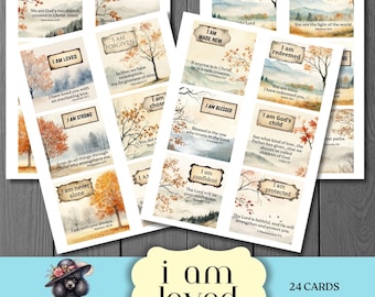 Ich bin Affirmationskarten mit Bibelversen, Glaubenskarten, Herbstgebirgsthema, Christian Journaling