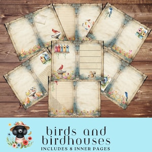 Vogels en nestkastjes, binnenpagina's voor ongewenste dagboeken (11 x 8,5), opvouwbare pagina's, downloads van ongewenste dagboeken, logboekelementen, dagboekpakket