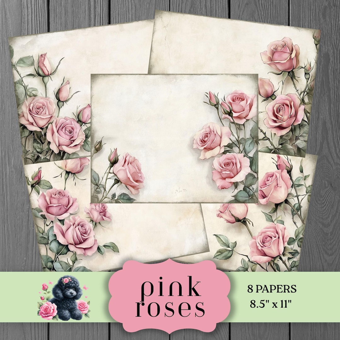 Pink Roses Digital Paper Pack, Romantic Pages, Shabby Chic Journal ...