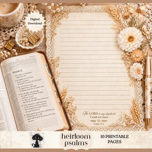 May include: A lined stationery page featuring a floral border with wheat stalks and white flowers, printed with the text The LORD is my shepherd; I shall not want. Psalm 23:1, alongside an open Bible, gold binder clips, and a floral pen.
