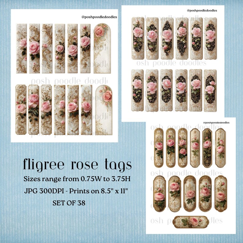 Pink Roses With Tag Shabby Chic Pink Rose Tags, Gold Filigree Ephemera, Vintage Floral Junk ...