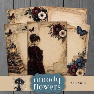 May include: A set of 20 vintage-style stationery pages featuring cream-colored paper with lace borders, floral illustrations of dark red and white flowers, butterflies, and a central image of a person in a dark red dress holding a book.