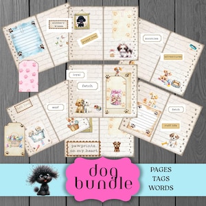 Dog Junk Journal Pages, Pup Scrapbook Kit, Words and Phases,  Furry Friends Tags