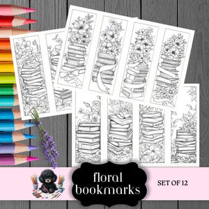 Floral Book Coloring Bookmarks, PDF Pencil Art Designs for Adults, Books and Florals, PDF