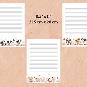 Set of 18 pages, 6 blank, 12 lined, featuring cute playful dogs and puppies. Poodles, Chocolate Labs, Golden Retrievers, and other cuties.