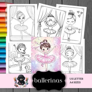 Libro para colorear de bailarinas para niños, páginas de poses de ballet, imprimible, descarga digital, tamaño carta estadounidense, A4
