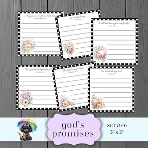 May include: Set of six 3" x 3" cards with floral accents and inspirational quotes. Each card has a black border with white polka dots. The cards feature phrases like "My grace is sufficient for you" and "He careth for you."